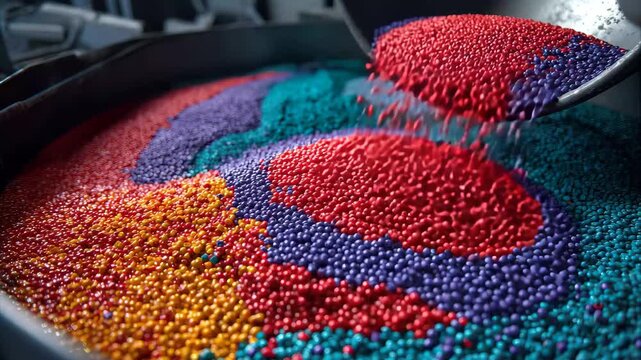 Colorful beads are poured into a large container during a crafting project at a workshop to create various art pieces in a creative space