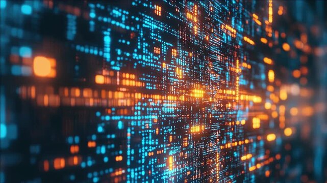 Close-up of bright digital lights on a circuit board with many blue and yellow connections.