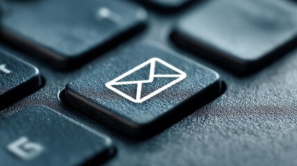 Close-up of a keyboard with focus on the email key, white icon, and grayscale background
