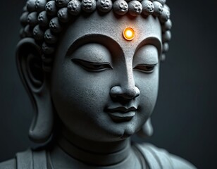 Stone Buddha statue, serene face with glowing third eye on forehead. Peaceful spiritual icon for meditation, enlightenment, and Buddhist culture. Serenity and wisdom.