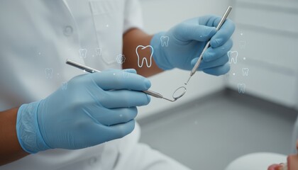 A dentist performs a procedure, showcasing gloved hands and dental tools, with dental icons in the background.