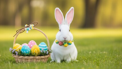 Elegant white easter bunny with colorful beaded collar sitting beside woven basket filled with decorated eggs in grassy outdoor setting, conveying whimsical spring holiday charm and festive spirit