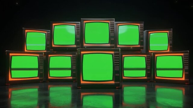 Multiple vintage televisions with green screens fading in and out, perfect for video transitions, glitch effects, and retro broadcast visuals.