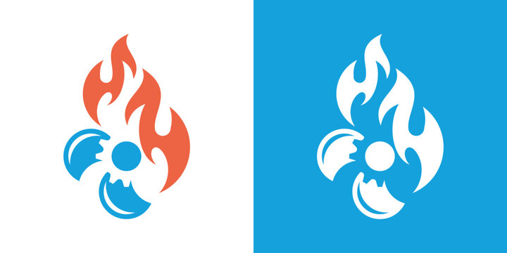 Dual meaning logo combining fire and fan elements, symbolizing temperature control, energy balance, ventilation, and efficient cooling or heating solutions.