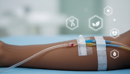 Medical arm with IV setup and digital health icons in a clinical setting.