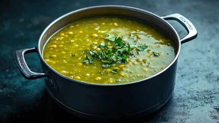 A delicious and healthy Indian lentil soup, a traditional dish with ingredients such as onions, garlic, tomatoes, and seasonings.