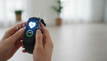 A person holding a smartwatch displaying heart rate data in a modern, minimalistic environment.