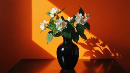 Elegant black vase with white flowers on modern table in orange room