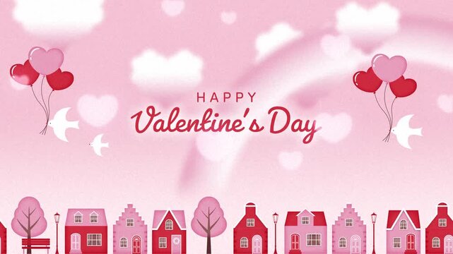 pink background with houses, heart balloons and birds flying in the sky animation for Valentine's Day, Wedding, etc.