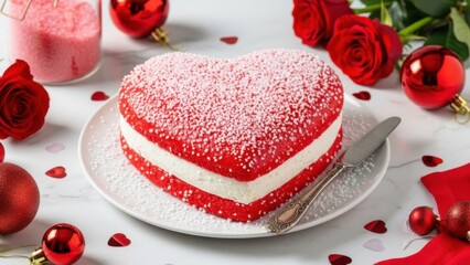 Romantic heart shaped cake with white frosting and red velvet on Valentine's Day