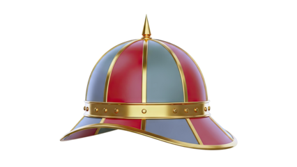 Ornate Medieval Helmet with Red, Gray, and Gold Accents