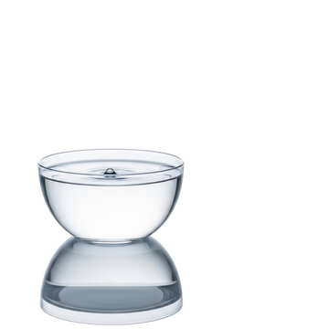 A sleek, transparent glass bowl with smooth edges, half-filled with pristine, rippled water, on a high-gloss reflective white surface in a minimalist studio, concept of purity and clarity