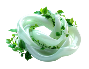 Glossy, intertwined white loop entwined with lush green foliage