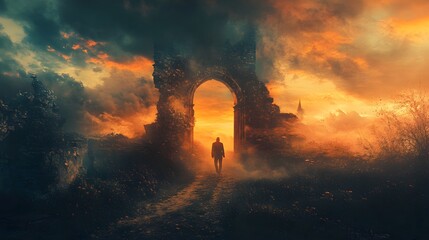 A lone figure walks towards a stone archway in a mystical, foggy landscape with a dramatic sunset.