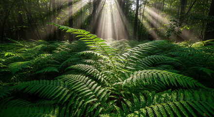 Lush green ferns on the forest floor illuminated by intense morning sunbeams. Ideal for eco, environment, and nature backgrounds.
