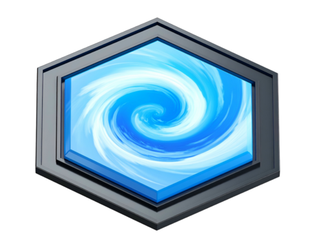 Hexagonal emblem with a swirling blue and white vortex - Powered by Adobe