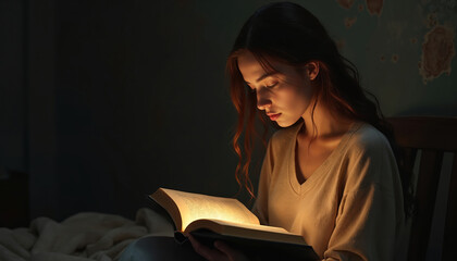 Young woman reads holy book in dark room. Warm light illuminates pages as she studies scripture. Female gains spiritual insight and peaceful contemplation from religious text.