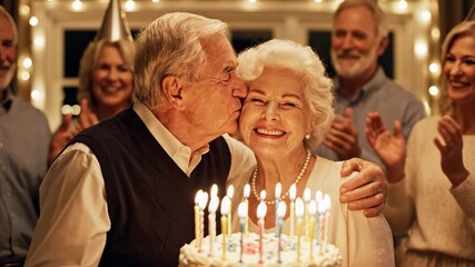 An elderly couple celebrates a birthday with close friends. The husband kisses his wife affectionately by the cake. Lit candles illuminate their happy faces.