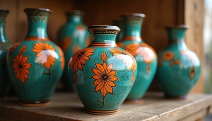 Row of teal ceramic vases with orange floral designs. Hand-painted pottery objects are displayed on wooden shelf. Traditional craft items with glossy texture shine.