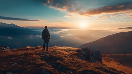 Obraz premium A lone hiker stands on a mountaintop, silhouetted against a breathtaking sunset, with a vast valley and mountain ranges stretching out before them, a sense of peace and wonder fills the air.
