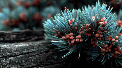 Fototapeta premium Close-up of blue pine needles with red cones on a log.