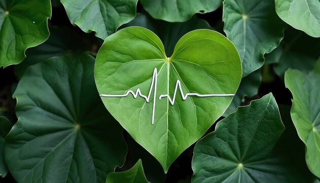 Green heart leaf shows heartbeat line. Symbolizes healthy eco life and nature care. Vitality growth harmony with flora and organic wellness. - Powered by Adobe