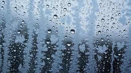 Close-up of frost patterns and water droplets on a window pane