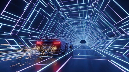 Futuristic concept showcasing a car speeding through a neon-lit geometric tunnel design