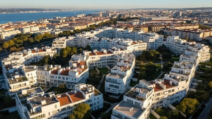 Aerial vista showcases modern residential complex with geometric architecture near waterfront