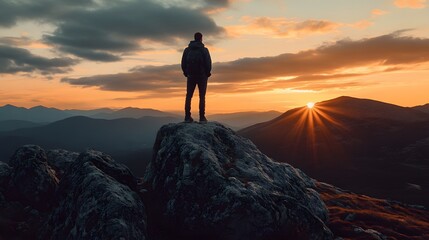 A lone hiker stands on a rocky peak, gazing out at the breathtaking sunset over a mountain range.