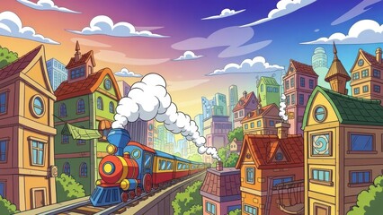 Cartoon city panorama with whimsical architecture and a colorful train passing through the landscape