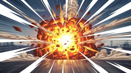 Dynamic comic book explosion with debris and speed lines radiating outward impact
