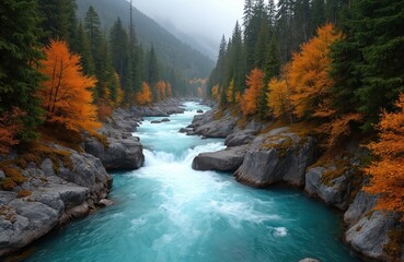 Obraz premium Turquoise river flows through rocky canyon with evergreen trees and bright orange fall foliage. Mist hangs over distant mountains as water cascades over smooth stones.