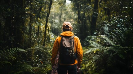 A lone hiker with a backpack stands on a path in a lush green rainforest, looking towards the light at the end of the path.