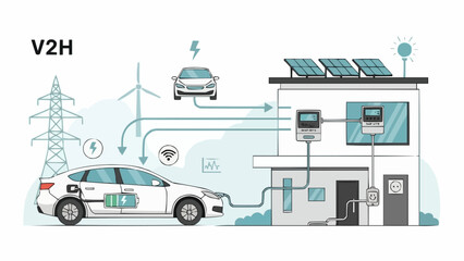 Vehicle to Home System Powering House with Electric Car.