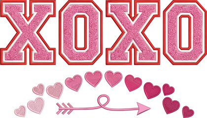 XOXO textured typography with pink hearts and arrow romantic valentine love greeting modern decorative vector illustration isolated
