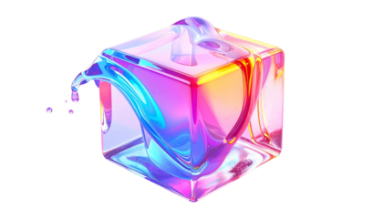 A vibrant cube with liquid flowing over it, in iridescent colors