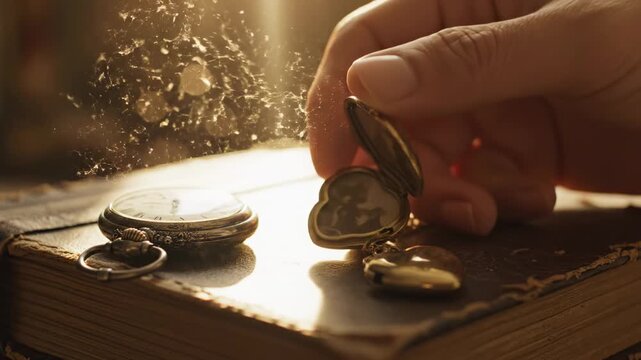 A hand gently opens an antique locket on an old book. Golden light illuminates dust particles. A vintage pocket watch rests beside it.