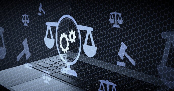 Propiedad industrial y derecho de patentes con engranajes y balanza de justicia