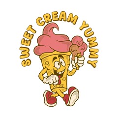 Fototapeta premium SWEET CREAM YUMMY with lazy ice cream cone cartoon character vintage illustration design 