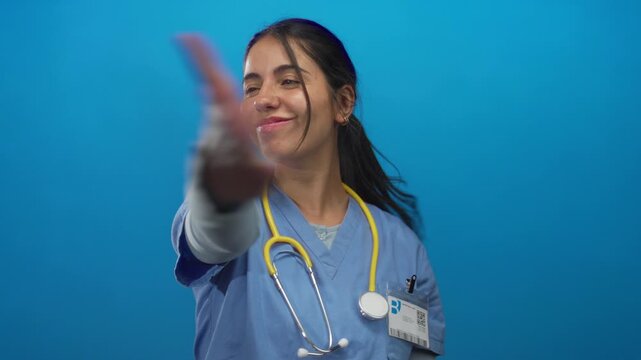 Woman doctor smiling and reaching out, wearing blue uniform and stethoscope against isolated blue background, conveying happiness, confidence, and professionalism.
