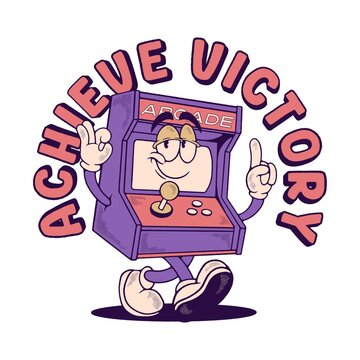 ACHIVE VICTORY with cool classic game arcade character  vintage illustration design 