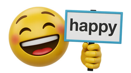 A vibrant yellow laughing emoji face with rosy cheeks holding a white sign displaying the word happy isolated on a dark background conveying immense j