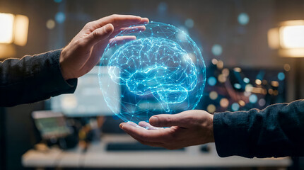 Hands holding a futuristic digital brain hologram, artificial intelligence and machine learning network concept

