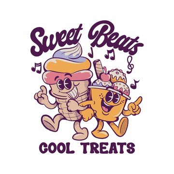 SWEET BEATS COOL TRETAS with cute smile ice cream cartoon character vintage illustration design 