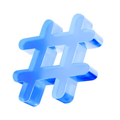 Obraz premium 3D Glass hashtag symbol icon, social tagging and metadata concept. Transparent liquid Glass icon, glassmorphism icon, crystal clear. 3d illustration. 