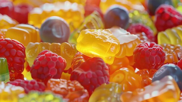 Candy in the shape of fruit, including gummies and a raspberry