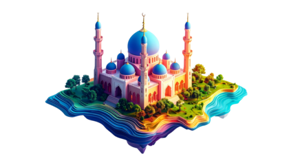 Isometric view of a colorful mosque on an island amidst stylized water