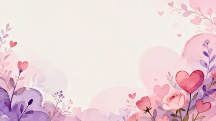 Soft pastel watercolor background featuring delicate pink and purple floral elements and hearts with ample copy space for romantic Valentine messages.