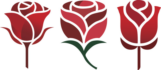 Stylized Red Rose Flower Vector Icon Set.